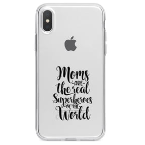 DistinctInk Clear Shockproof Hybrid Case for iPhone XR (6.1" Screen) - TPU Bumper Acrylic Back Tempered Glass Screen Protector - Moms Are The Real Superheroes of the World