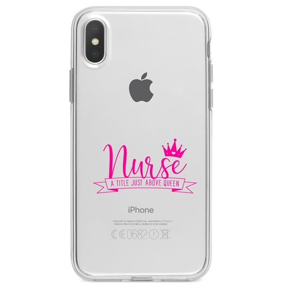 DistinctInk Clear Shockproof Hybrid Case for iPhone XR (6.1" Screen) - TPU Bumper Acrylic Back Tempered Glass Screen Protector - Nurse - Title Just Above Queen - Pink