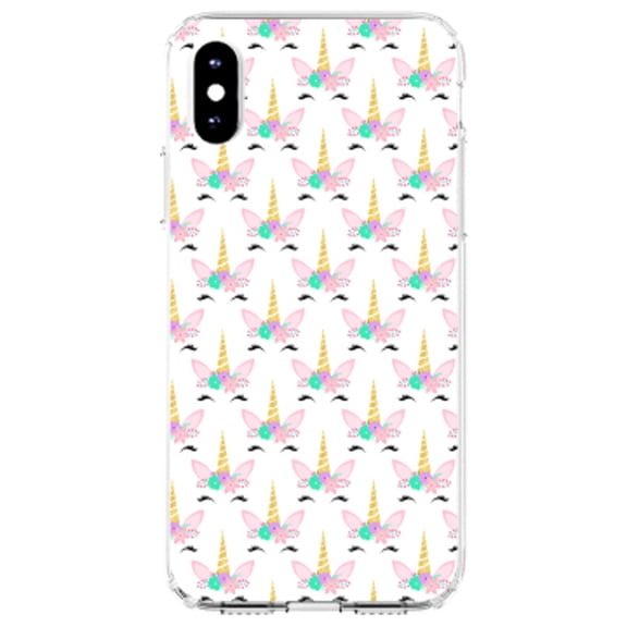 DistinctInk Clear Shockproof Hybrid Case for iPhone XR (6.1" Screen) - TPU Bumper, Acrylic Back, Tempered Glass Screen Protector - Pastel Unicorn Pattern - White Pink Teal