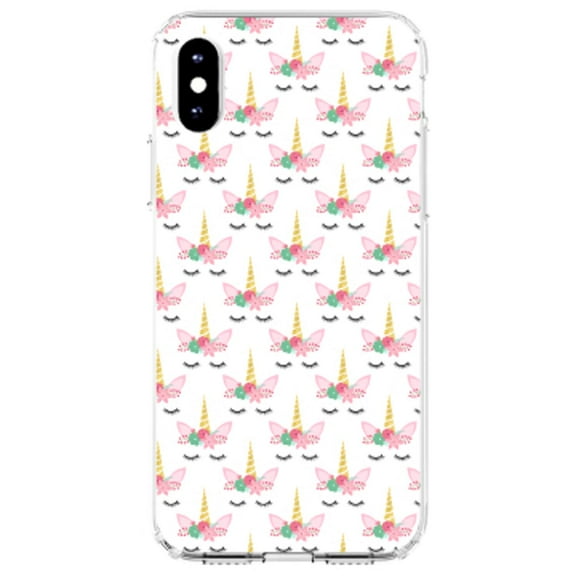DistinctInk Clear Shockproof Hybrid Case for iPhone XR (6.1" Screen) - TPU Bumper, Acrylic Back, Tempered Glass Screen Protector - Pastel Unicorn Pattern - White Pink Black