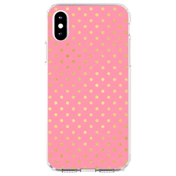 DistinctInk Clear Shockproof Hybrid Case for iPhone XR (6.1" Screen) - TPU Bumper, Acrylic Back, Tempered Glass Screen Protector - Pink & Gold Polka Dot Pattern