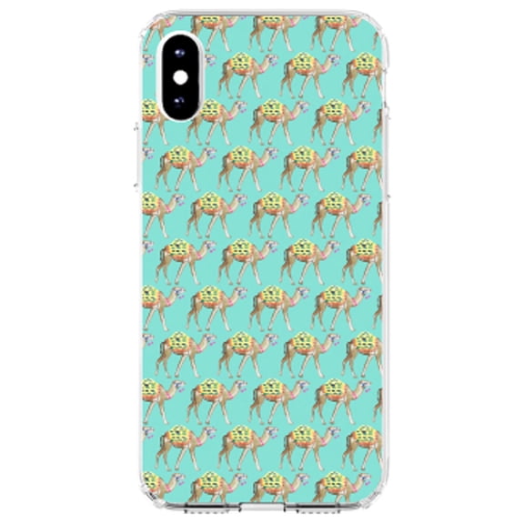 DistinctInk Clear Shockproof Hybrid Case for iPhone XR (6.1" Screen) - TPU Bumper, Acrylic Back, Tempered Glass Screen Protector - Preppy Pattern - Camels on Teal Background
