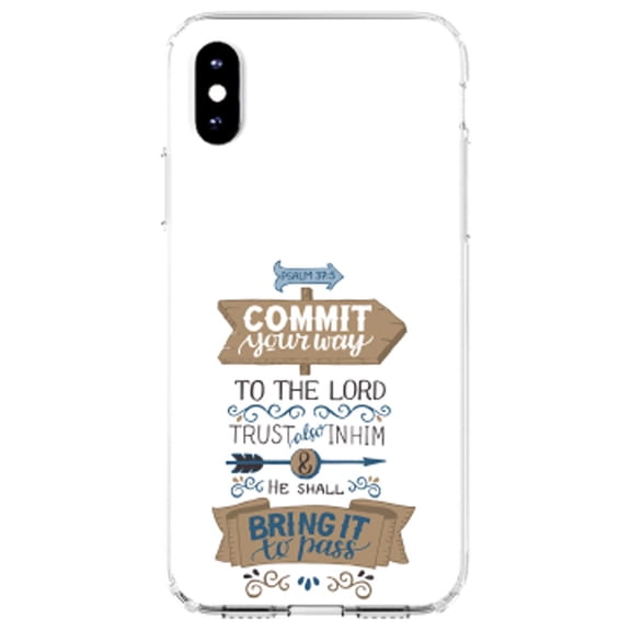 DistinctInk Clear Shockproof Hybrid Case for iPhone XR (6.1" Screen) - TPU Bumper, Acrylic Back, Tempered Glass Screen Protector - Psalm 37:5 - Commt Your Way to the Lord