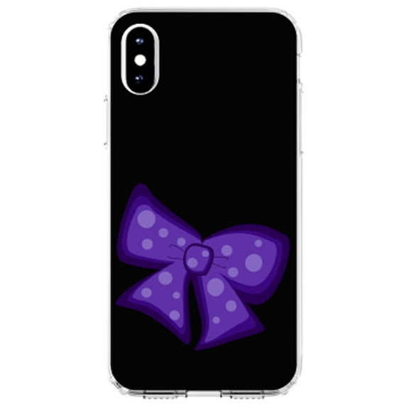 DistinctInk Clear Shockproof Hybrid Case for iPhone XR (6.1" Screen) - TPU Bumper, Acrylic Back, Tempered Glass Screen Protector - Purple Black Bow Ribbon - Cartoon Bows / Ribbons