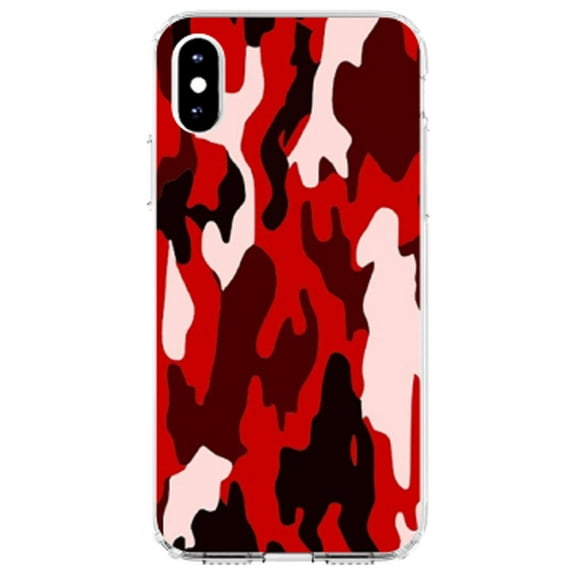 DistinctInk Clear Shockproof Hybrid Case for iPhone XR (6.1" Screen) - TPU Bumper, Acrylic Back, Tempered Glass Screen Protector - Red Black Camouflage - Camouflage Pattern