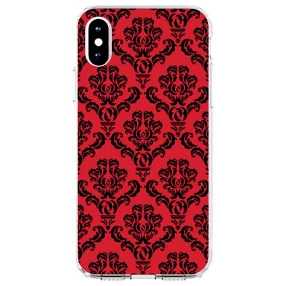 DistinctInk Clear Shockproof Hybrid Case for iPhone XR (6.1" Screen) - TPU Bumper, Acrylic Back, Tempered Glass Screen Protector - Red Black Damask Pattern - Floral Damask Pattern