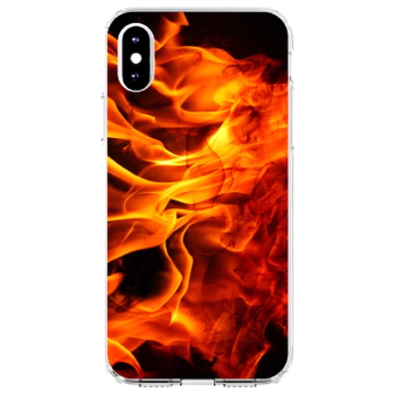 DistinctInk Clear Shockproof Hybrid Case for iPhone XR (6.1" Screen) - TPU Bumper, Acrylic Back, Tempered Glass Screen Protector - Red Black Flame Fire - Printed Image of Fire