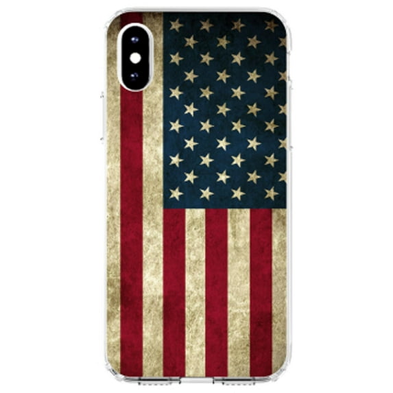 DistinctInk Clear Shockproof Hybrid Case for iPhone XR (6.1" Screen) - TPU Bumper, Acrylic Back, Tempered Glass Screen Protector - Red White Blue United States Flag Old - United States of America