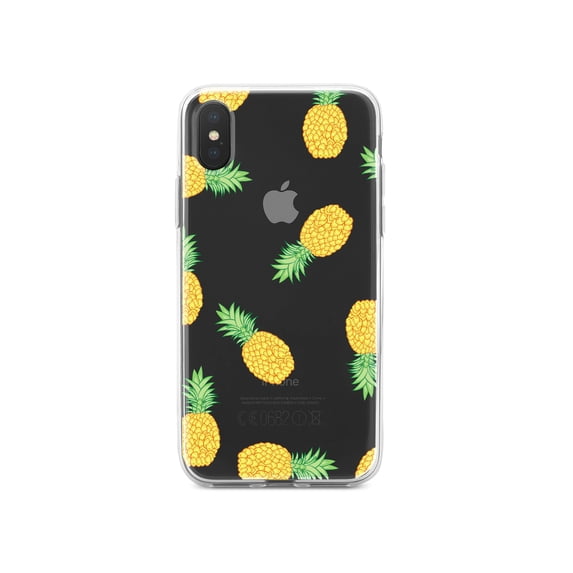 DistinctInk Clear Shockproof Hybrid Case for iPhone XR (6.1" Screen) - TPU Bumper, Acrylic Back, Tempered Glass Screen Protector - Repeating Pineapple Pattern