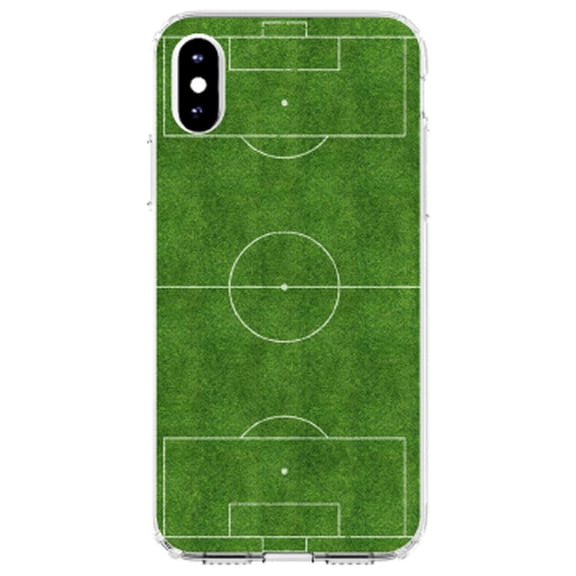 DistinctInk Clear Shockproof Hybrid Case for iPhone XR (6.1" Screen) - TPU Bumper, Acrylic Back, Tempered Glass Screen Protector - Soccer Field Layout