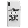 thumbnail image 1 of DistinctInk Clear Shockproof Hybrid Case for iPhone XR (6.1" Screen) - TPU Bumper Acrylic Back Tempered Glass Screen Protector - Sorry I'm Late Had to Get to Save Point Gamer, 1 of 5