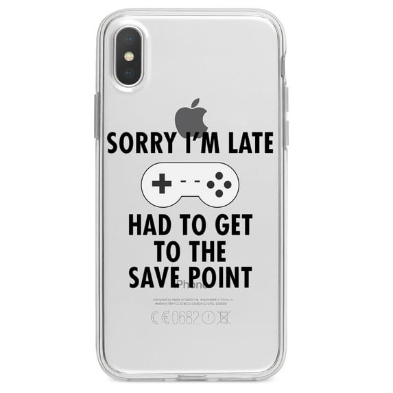 DistinctInk Clear Shockproof Hybrid Case for iPhone XR (6.1" Screen) - TPU Bumper Acrylic Back Tempered Glass Screen Protector - Sorry I'm Late Had to Get to Save Point Gamer