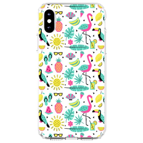 DistinctInk Clear Shockproof Hybrid Case for iPhone XR (6.1" Screen) - TPU Bumper, Acrylic Back, Tempered Glass Screen Protector - Summer Graphics - Flamingo Pineapple Sun Glasses