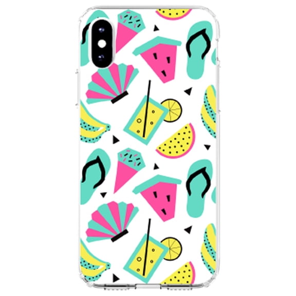 DistinctInk Clear Shockproof Hybrid Case for iPhone XR (6.1" Screen) - TPU Bumper, Acrylic Back, Tempered Glass Screen Protector - Summer Graphics - Flip Flops Watermelown Lemonade