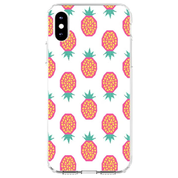 DistinctInk Clear Shockproof Hybrid Case for iPhone XR (6.1" Screen) - TPU Bumper, Acrylic Back, Tempered Glass Screen Protector - Summer Graphics - Pineapple Pattern - Pink