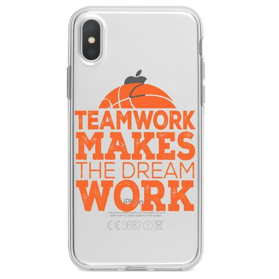 DistinctInk Clear Shockproof Hybrid Case for iPhone XR (6.1" Screen) - TPU Bumper Acrylic Back Tempered Glass Screen Protector - Teamwork Makes the Dream Work Basketball
