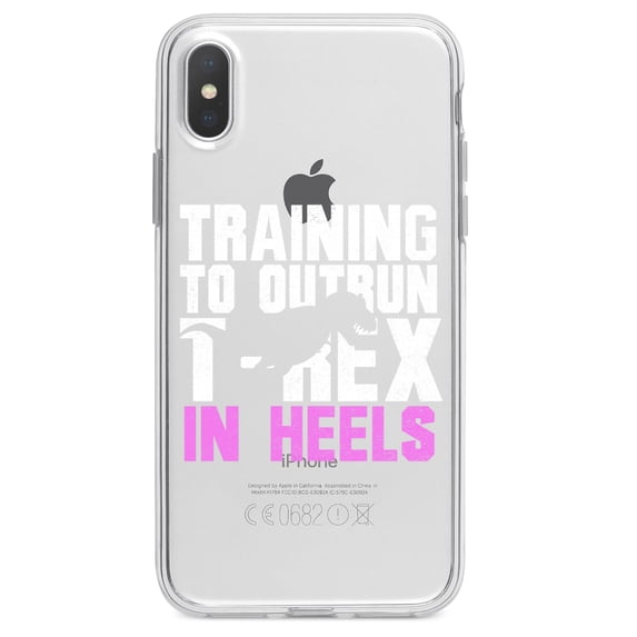 DistinctInk Clear Shockproof Hybrid Case for iPhone XR (6.1" Screen) - TPU Bumper Acrylic Back Tempered Glass Screen Protector - Training to Outrun T-Rex in Heels