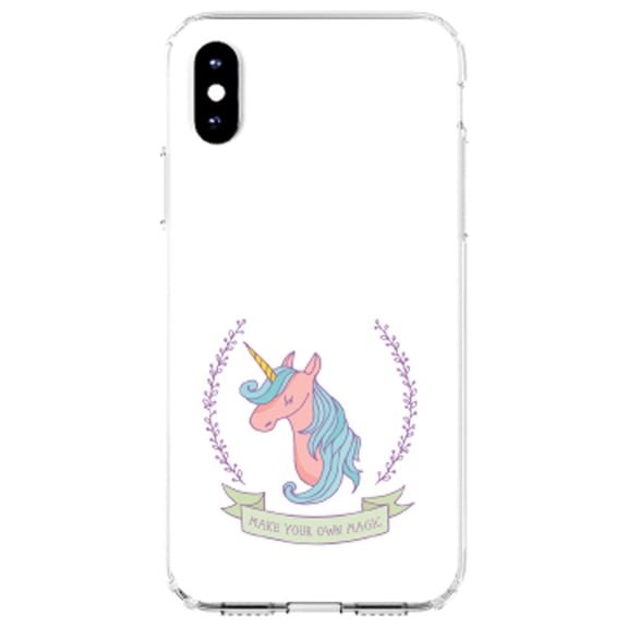 DistinctInk Clear Shockproof Hybrid Case for iPhone XR (6.1" Screen) - TPU Bumper, Acrylic Back, Tempered Glass Screen Protector - Unicorn - Make Your Own Magic - White
