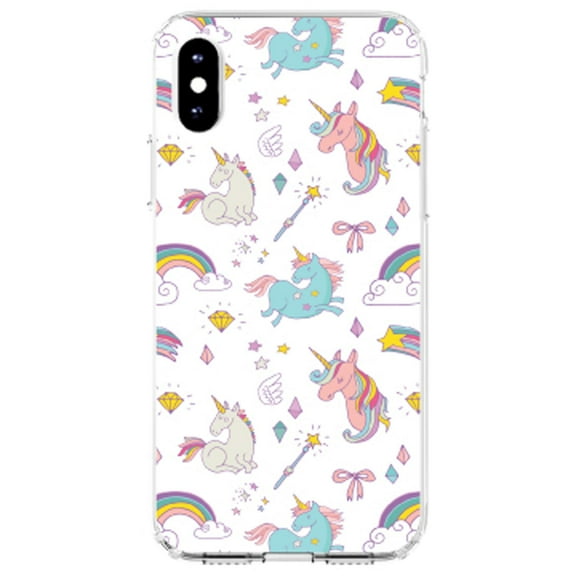 DistinctInk Clear Shockproof Hybrid Case for iPhone XR (6.1" Screen) - TPU Bumper, Acrylic Back, Tempered Glass Screen Protector - Unicorn Rainbow Wand Pattern - White