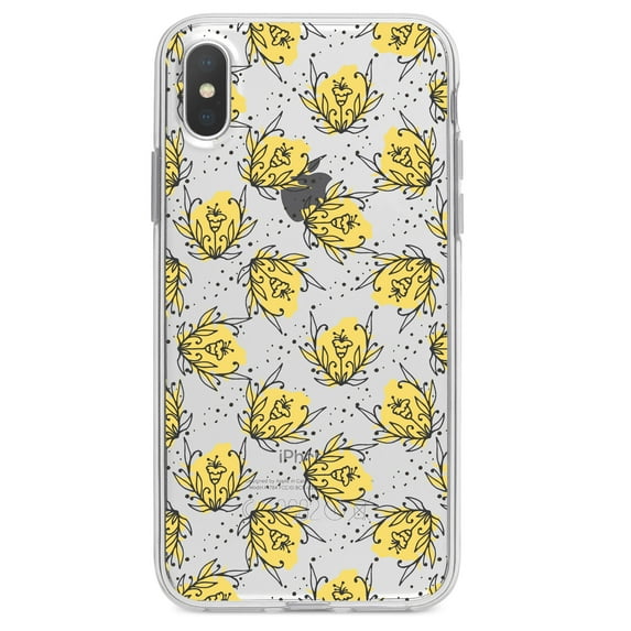 DistinctInk Clear Shockproof Hybrid Case for iPhone XR (6.1" Screen) - TPU Bumper Acrylic Back Tempered Glass Screen Protector - Wildflower Yellow Graffiti