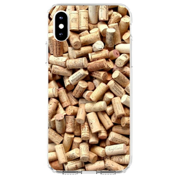 DistinctInk Clear Shockproof Hybrid Case for iPhone XR (6.1" Screen) - TPU Bumper, Acrylic Back, Tempered Glass Screen Protector - Wine Corks Image Print - Printed Cork Image