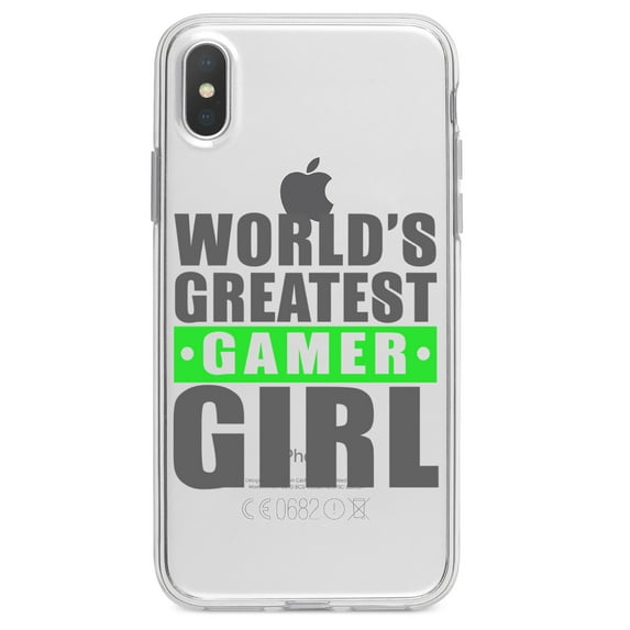 DistinctInk Clear Shockproof Hybrid Case for iPhone XR (6.1" Screen) - TPU Bumper Acrylic Back Tempered Glass Screen Protector - World's Greatest Gamer Girl Video Games