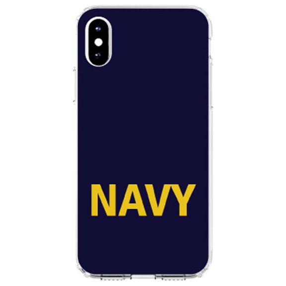 DistinctInk Clear Shockproof Hybrid Case for iPhone XR (6.1" Screen) - TPU Bumper, Acrylic Back, Tempered Glass Screen Protector - Yellow Navy - Show Your Support for the Navy