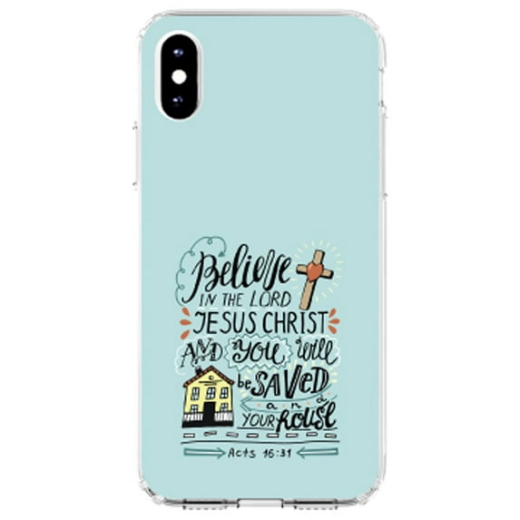 DistinctInk Clear Shockproof Hybrid Case for iPhone XS Max (6.5" Screen) - TPU Bumper, Acrylic Back, Tempered Glass Screen Protector - Acts 16:31 - Believe in the Lord Jesus Christ