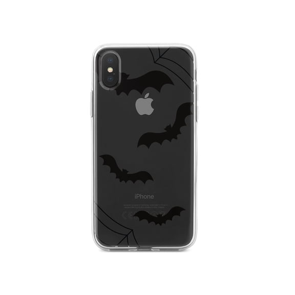 DistinctInk Clear Shockproof Hybrid Case for iPhone XS Max (6.5" Screen) - TPU Bumper, Acrylic Back, Tempered Glass Screen Protector - Bats and Spider Webs