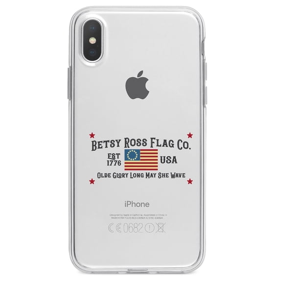 DistinctInk Clear Shockproof Hybrid Case for iPhone XS Max (6.5" Screen) - TPU Bumper Acrylic Back Tempered Glass Screen Protector - Betsy Ross Flag Co - Old Glory USA