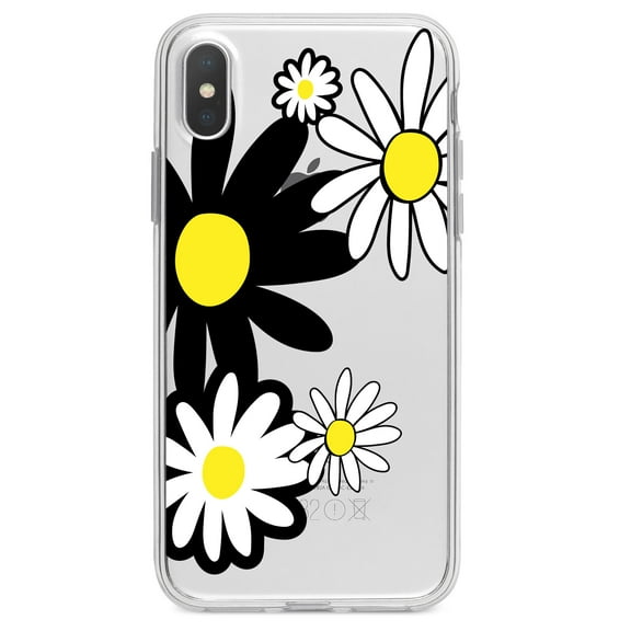 DistinctInk Clear Shockproof Hybrid Case for iPhone XS Max (6.5" Screen) - TPU Bumper Acrylic Back Tempered Glass Screen Protector - Black & Yellow Modern Daisies