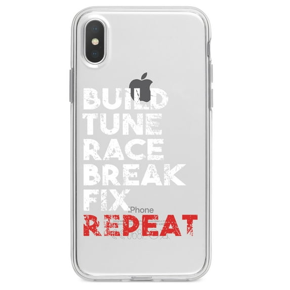DistinctInk Clear Shockproof Hybrid Case for iPhone XS Max (6.5" Screen) - TPU Bumper Acrylic Back Tempered Glass Screen Protector - Build Tune Race Break Fix Repeat