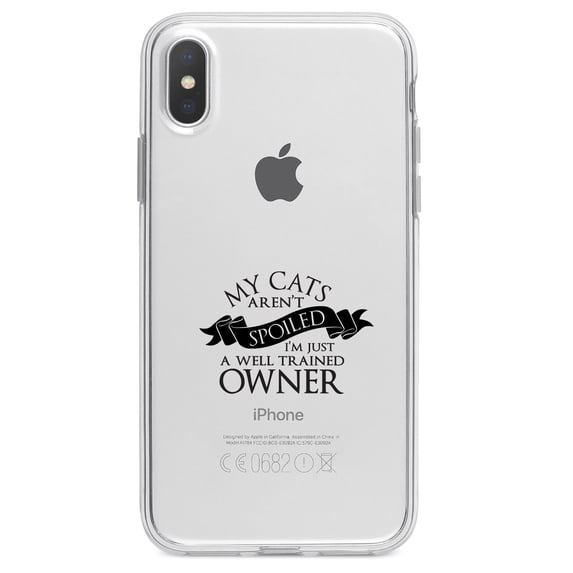 DistinctInk Clear Shockproof Hybrid Case for iPhone XS Max (6.5" Screen) - TPU Bumper Acrylic Back Tempered Glass Screen Protector - Cats Aren't Spoiled Well Trained Owner
