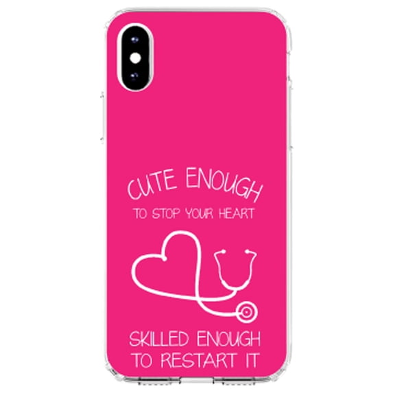 DistinctInk Clear Shockproof Hybrid Case for iPhone XS Max (6.5" Screen) - TPU Bumper, Acrylic Back, Tempered Glass Screen Protector - Hot Pink Nurse Stethoscope Heart - Show Your Support for Nurses