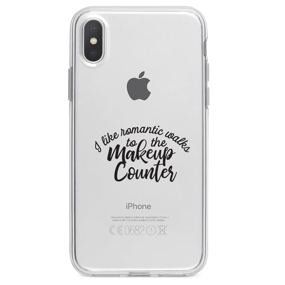 DistinctInk Clear Shockproof Hybrid Case for iPhone XS Max (6.5" Screen) - TPU Bumper Acrylic Back Tempered Glass Screen Protector - I Like Romantic Walks to the Makeup Counter