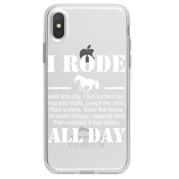 DistinctInk Clear Shockproof Hybrid Case for iPhone XS Max (6.5" Screen) - TPU Bumper Acrylic Back Tempered Glass Screen Protector - I Rode All Day - Horse
