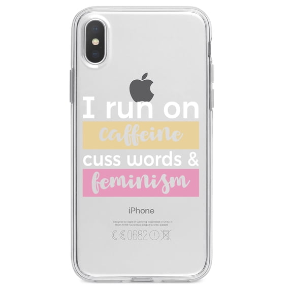DistinctInk Clear Shockproof Hybrid Case for iPhone XS Max (6.5" Screen) - TPU Bumper Acrylic Back Tempered Glass Screen Protector - I Run On Caffeine Cuss Words & Feminism