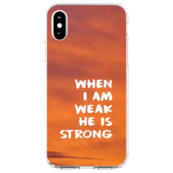 DistinctInk Clear Shockproof Hybrid Case for iPhone XS Max (6.5" Screen) - TPU Bumper, Acrylic Back, Tempered Glass Screen Protector - When I Am Weak, He Is Strong - Show Your Love of Christ
