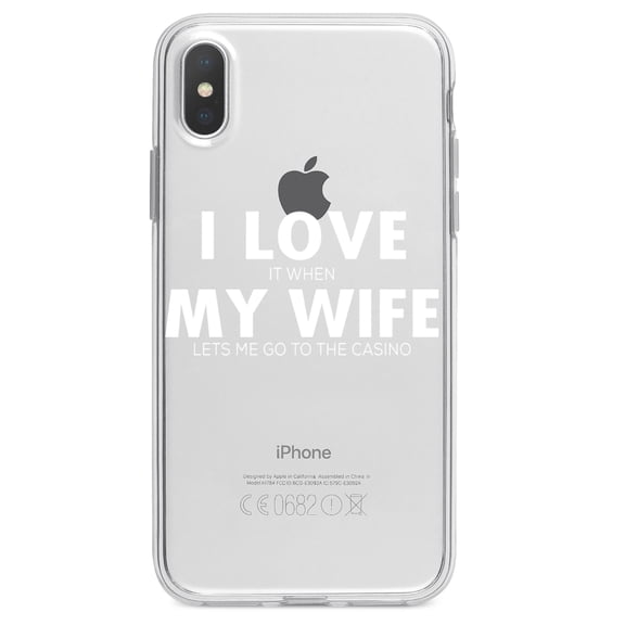DistinctInk Clear Shockproof Hybrid Case for iPhone XS Max (6.5" Screen) - TPU Bumper Acrylic Back Tempered Glass Screen Protector - Love When My Wife Lets Me Go to Casino