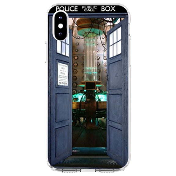 DistinctInk Clear Shockproof Hybrid Case for iPhone XS Max (6.5" Screen) - TPU Bumper, Acrylic Back, Tempered Glass Screen Protector - Open TARDIS - It's Bigger on the Inside