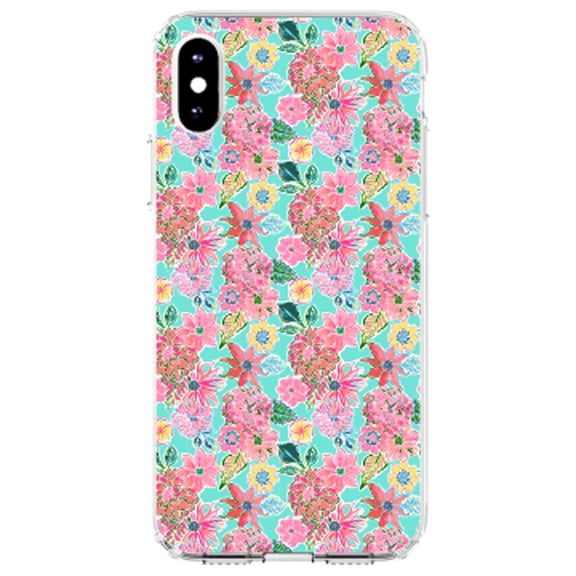 DistinctInk Clear Shockproof Hybrid Case for iPhone XS Max (6.5" Screen) - TPU Bumper, Acrylic Back, Tempered Glass Screen Protector - Preppy Pattern - Pink Flowers on Teal Background