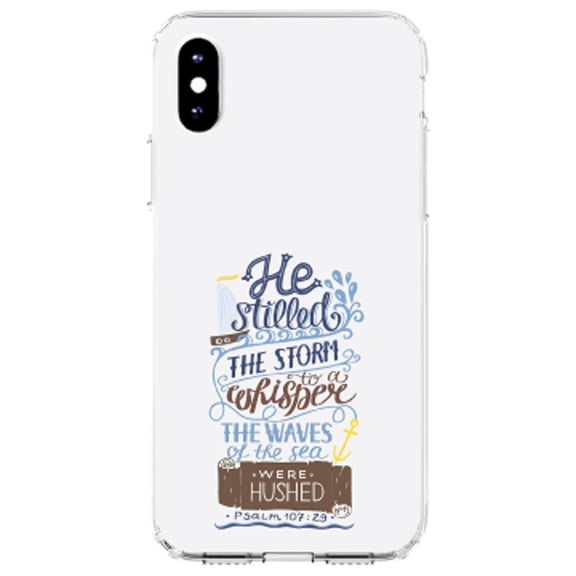 DistinctInk Clear Shockproof Hybrid Case for iPhone XS Max (6.5" Screen) - TPU Bumper, Acrylic Back, Tempered Glass Screen Protector - Psalm 107:29 - He Stilled the Storm, Waves Were Hushed