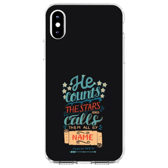 DistinctInk Clear Shockproof Hybrid Case for iPhone XS Max (6.5" Screen) - TPU Bumper, Acrylic Back, Tempered Glass Screen Protector - Psalm 147:4 - He Counts the Stars Calls Them By Name