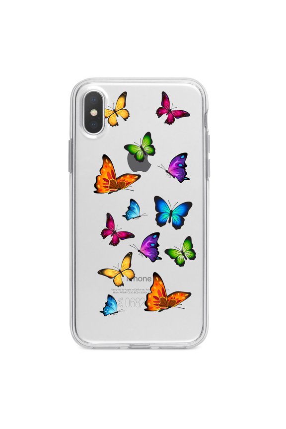 Clear Shockproof Hybrid Case for iPhone XS Max (6.5" Screen) - TPU Bumper Acrylic Back Tempered Glass Screen Protector - Rainbow Butterflies Butterfly