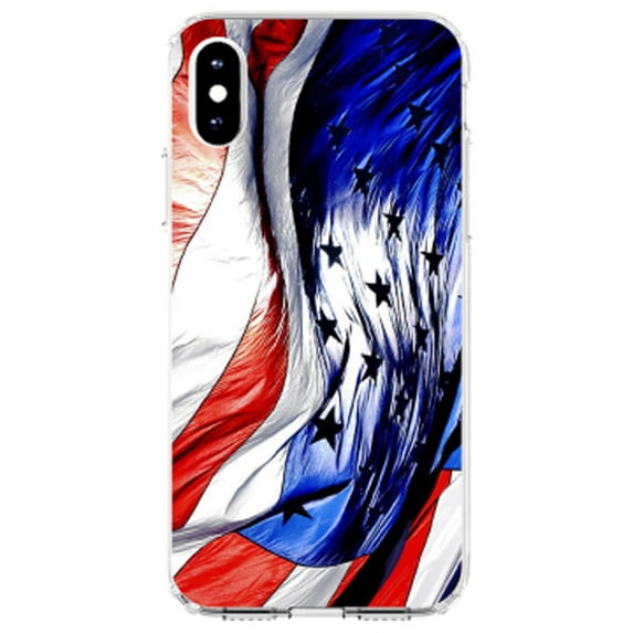 DistinctInk Clear Shockproof Hybrid Case for iPhone XS Max (6.5" Screen) - TPU Bumper, Acrylic Back, Tempered Glass Screen Protector - Red White Blue United States Flag Waving - of America