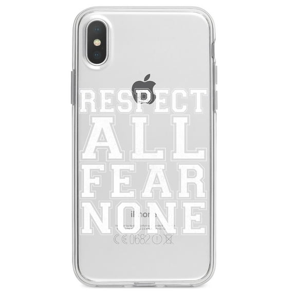 DistinctInk Clear Shockproof Hybrid Case for iPhone XS Max (6.5" Screen) - TPU Bumper Acrylic Back Tempered Glass Screen Protector - Respect All Fear None