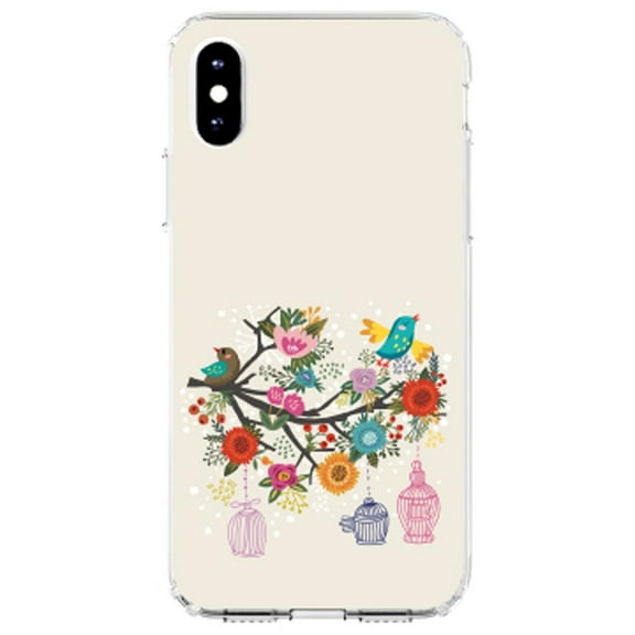DistinctInk Clear Shockproof Hybrid Case for iPhone XS Max (6.5" Screen) - TPU Bumper, Acrylic Back, Tempered Glass Screen Protector - Spring Collection - Floral Birds Teal Red