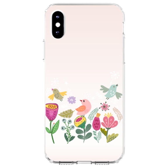 DistinctInk Clear Shockproof Hybrid Case for iPhone XS Max (6.5" Screen) - TPU Bumper, Acrylic Back, Tempered Glass Screen Protector - Spring Collection - Flowers and Birds