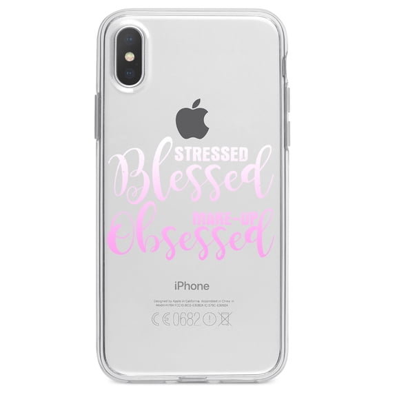 DistinctInk Clear Shockproof Hybrid Case for iPhone XS Max (6.5" Screen) - TPU Bumper Acrylic Back Tempered Glass Screen Protector - Stressed Blessed Make Up Obsessed