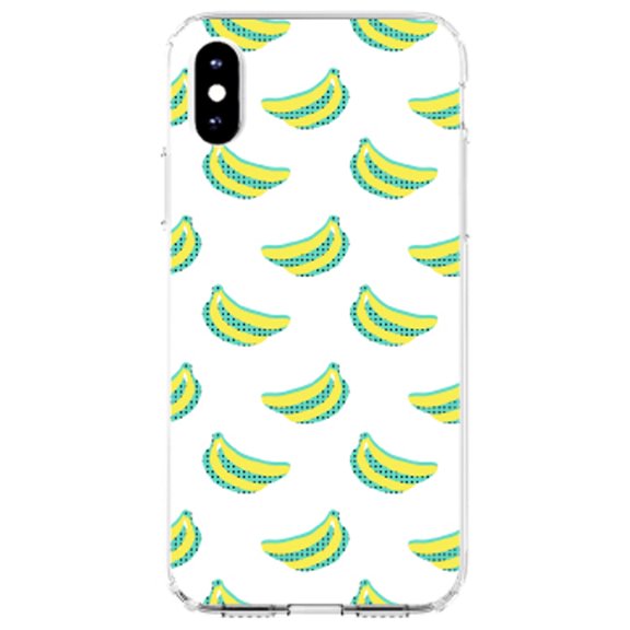 DistinctInk Clear Shockproof Hybrid Case for iPhone XS Max (6.5" Screen) - TPU Bumper, Acrylic Back, Tempered Glass Screen Protector - Summer Graphics - Banana Pattern - Yellow